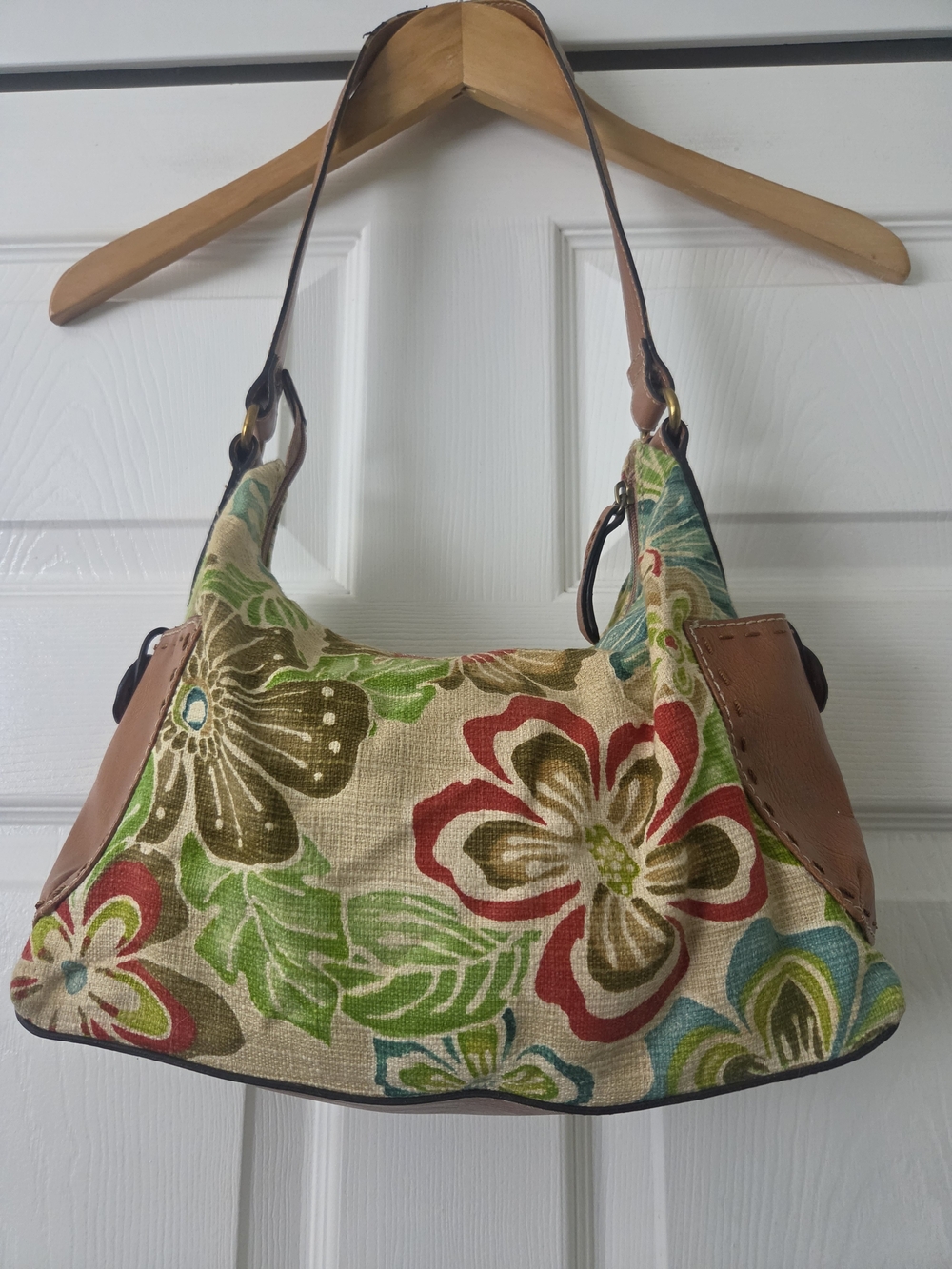 Fossil Canvas Floral Shoulder Bag with Brown Leather Accents - Multicolor